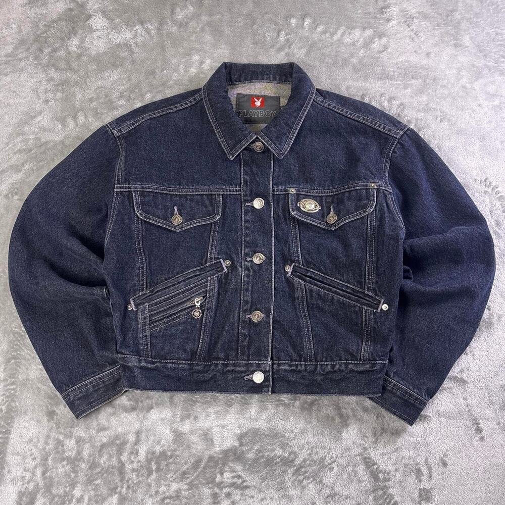 Rare Vintage Y2K Playboy Denim Jacket Womens Large Size 40 Cropped Dark Wash